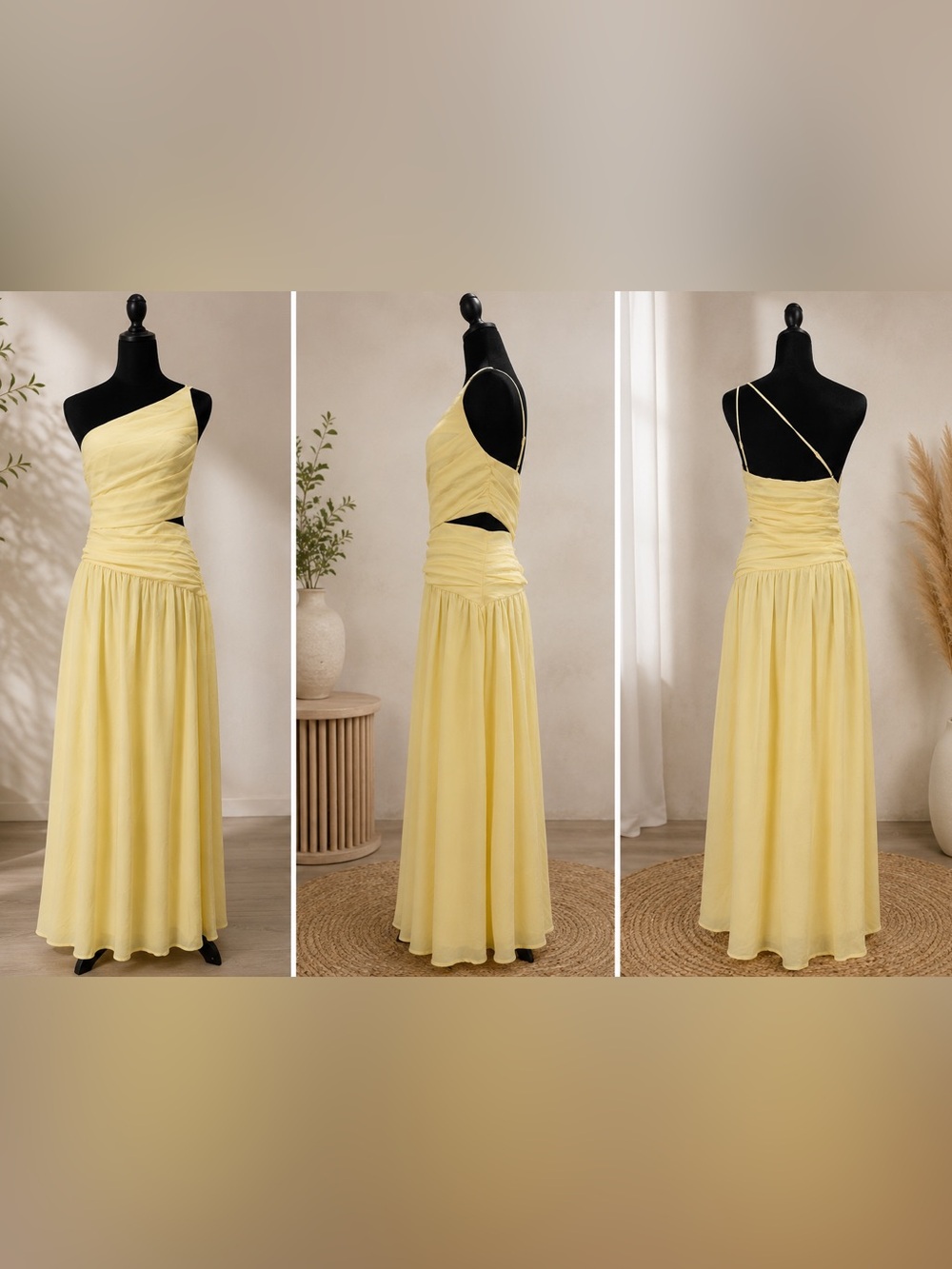 NWOT Lulus Marcela Pale Yellow Ruched One Shoulder Maxi Dress